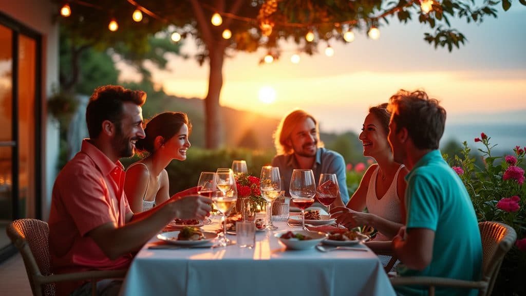 A group of adult friends raise a toast at an outdoor dinner at sunset.