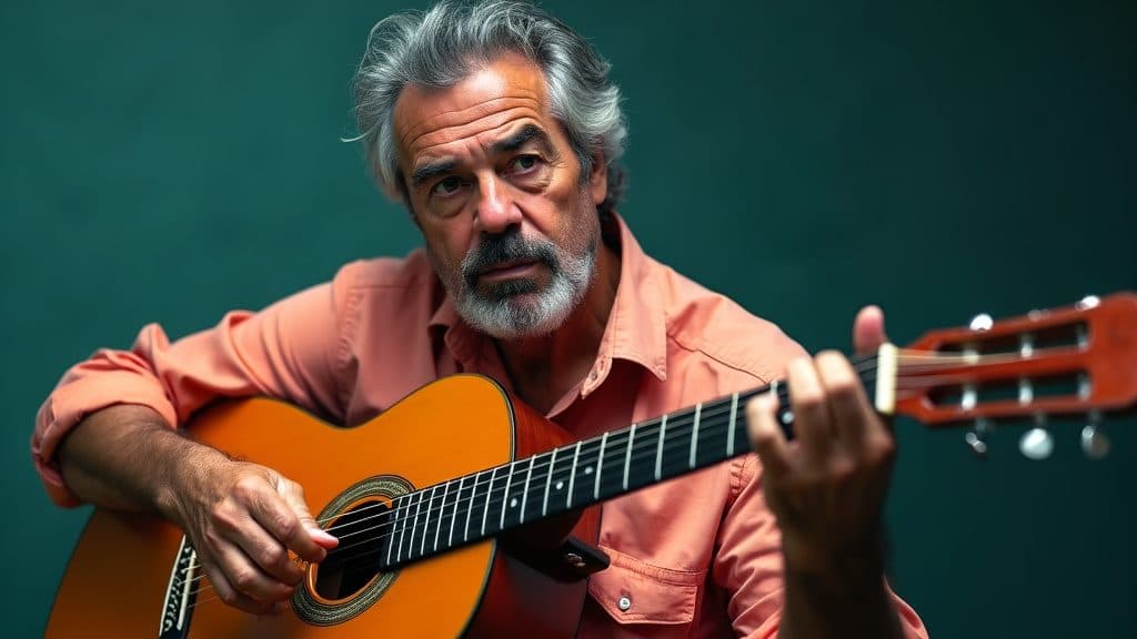 A man in his fifties plays the guitar.