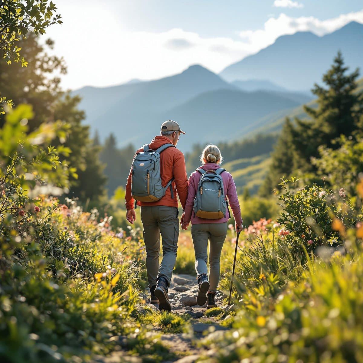 A mature couple walks a mountain trail lined with flowers.