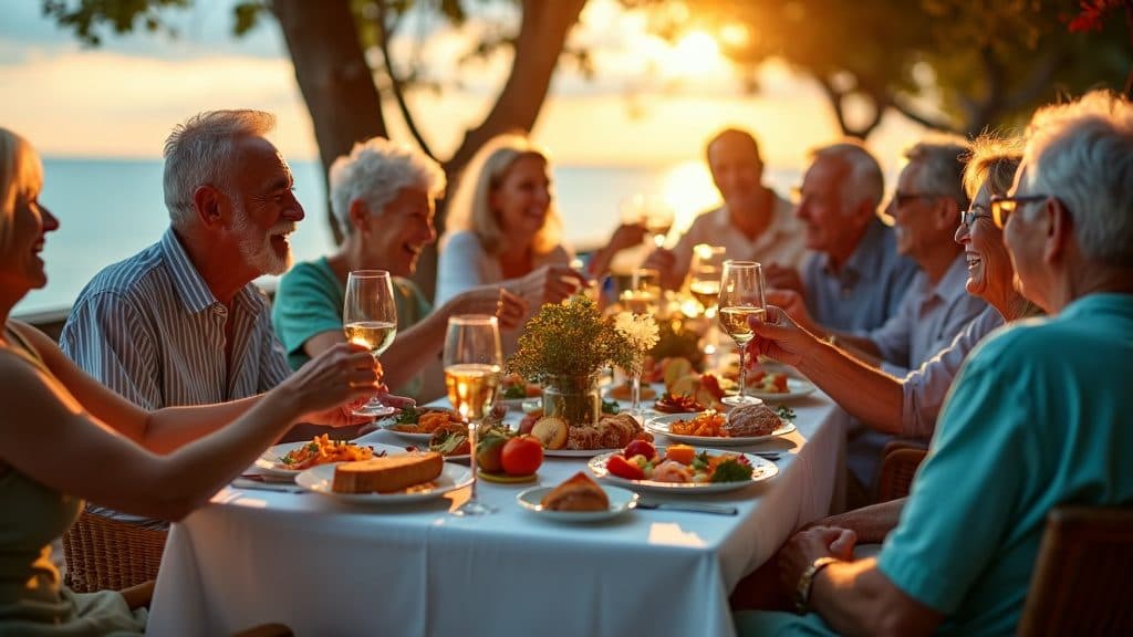 Friends over 50 share a long dinner by the sea.