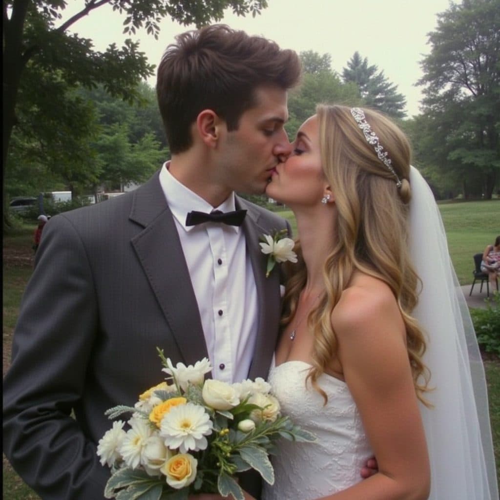 A newlywed couple kisses in a garden.