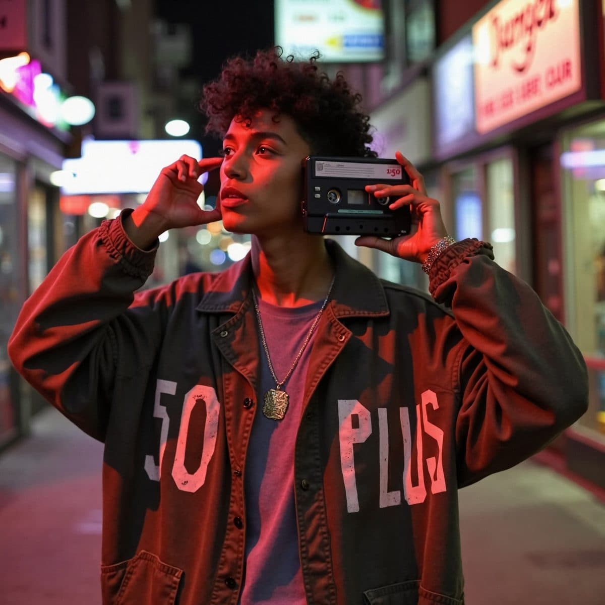 A young man in the 1980s listens to a boombox on his shoulder.