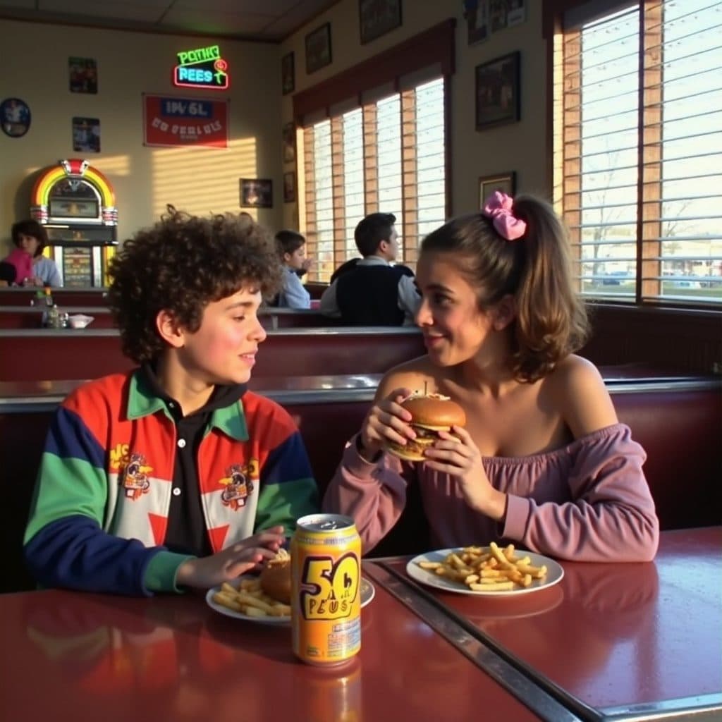 Two teenagers in the 1980s eat burgers at a diner.