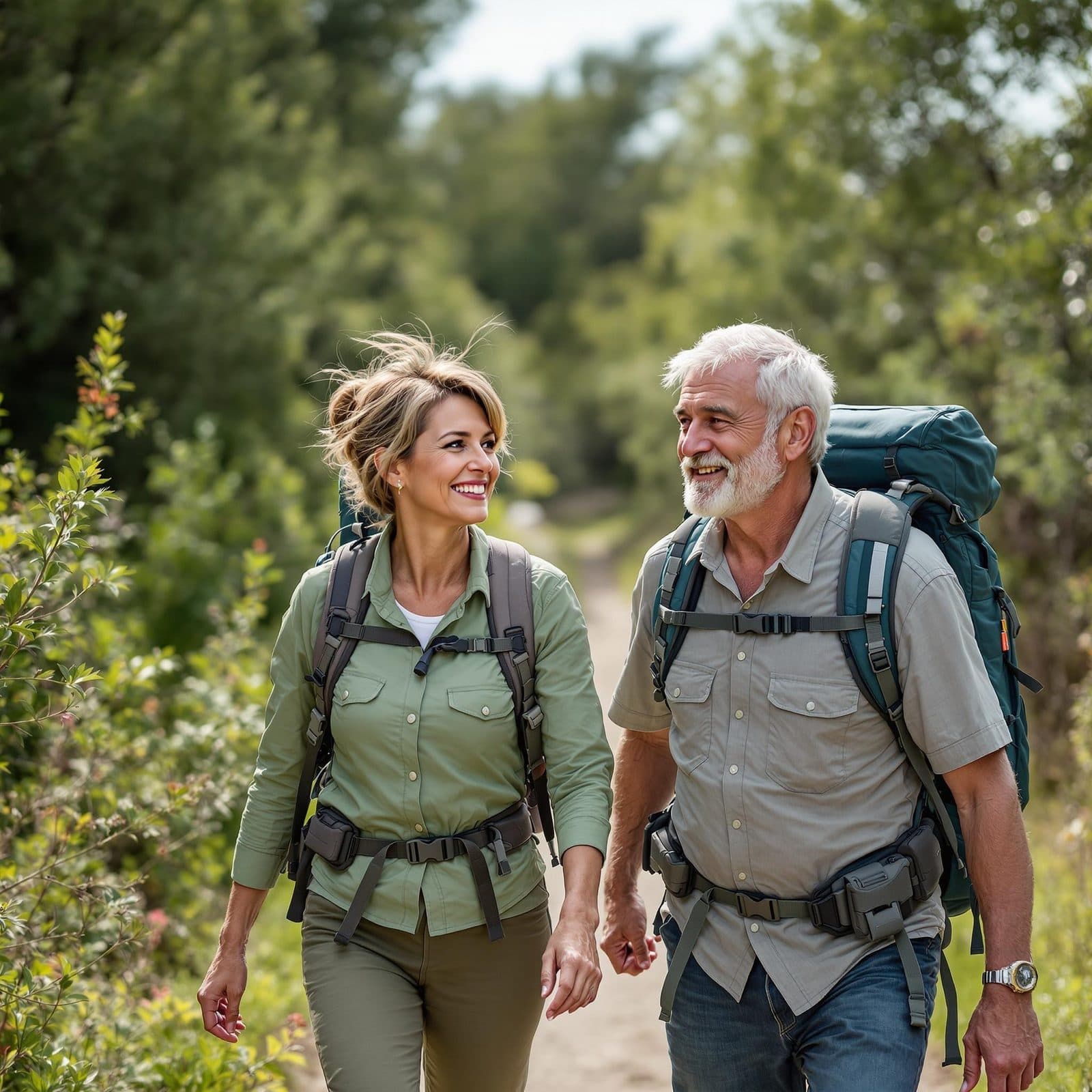 A woman and a man in their fifties smile as they hike a mountain trail with backpacks.