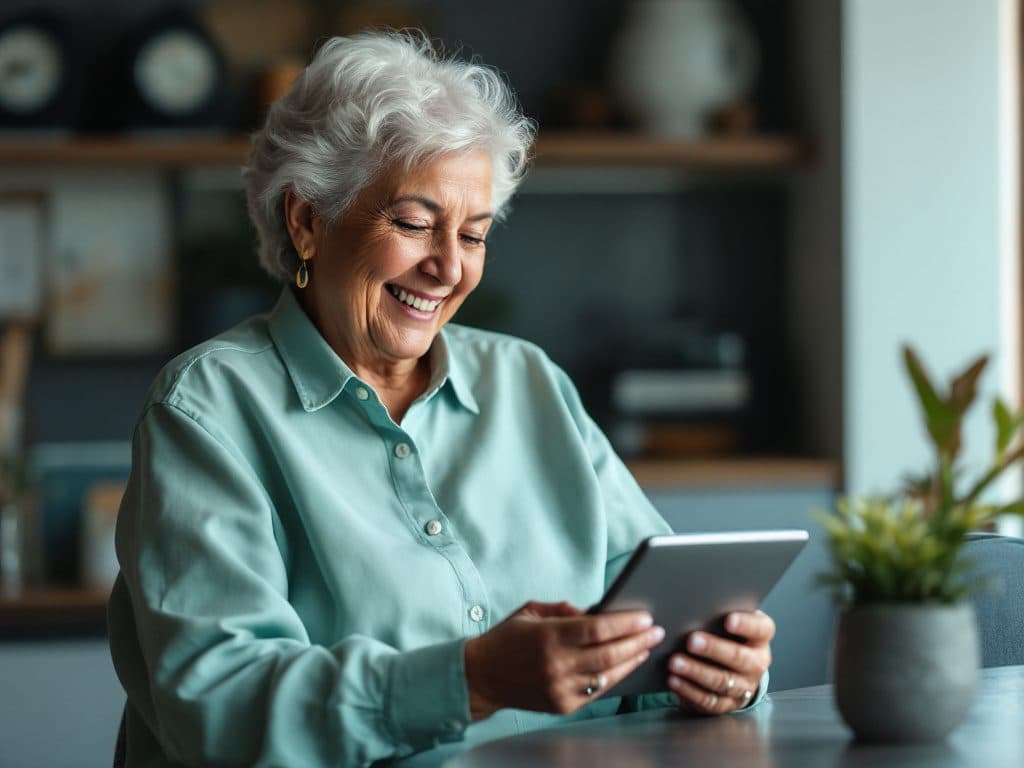 A white-haired woman smiles while using a tablet in her kitchen.