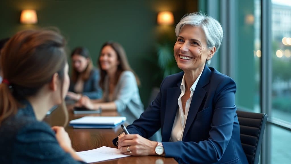 A grey-haired woman leads a work meeting and smiles.