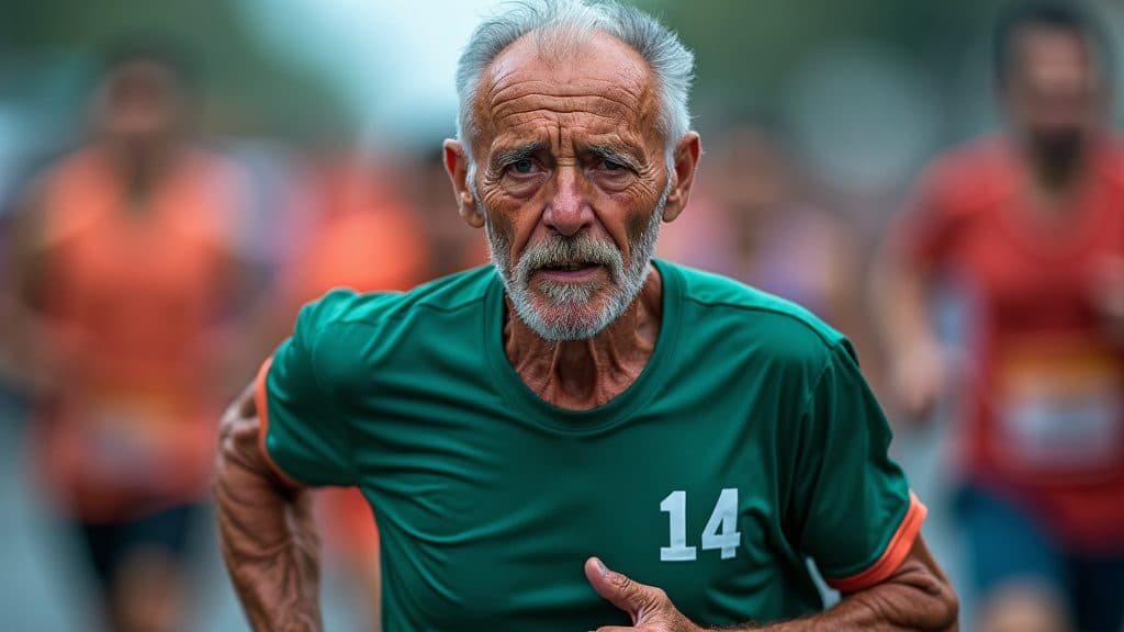 A grey-haired man in a green shirt runs a race, focused.