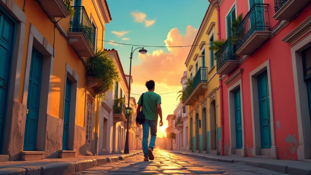 A traveler walks down a cobbled street of colorful houses at sunset.